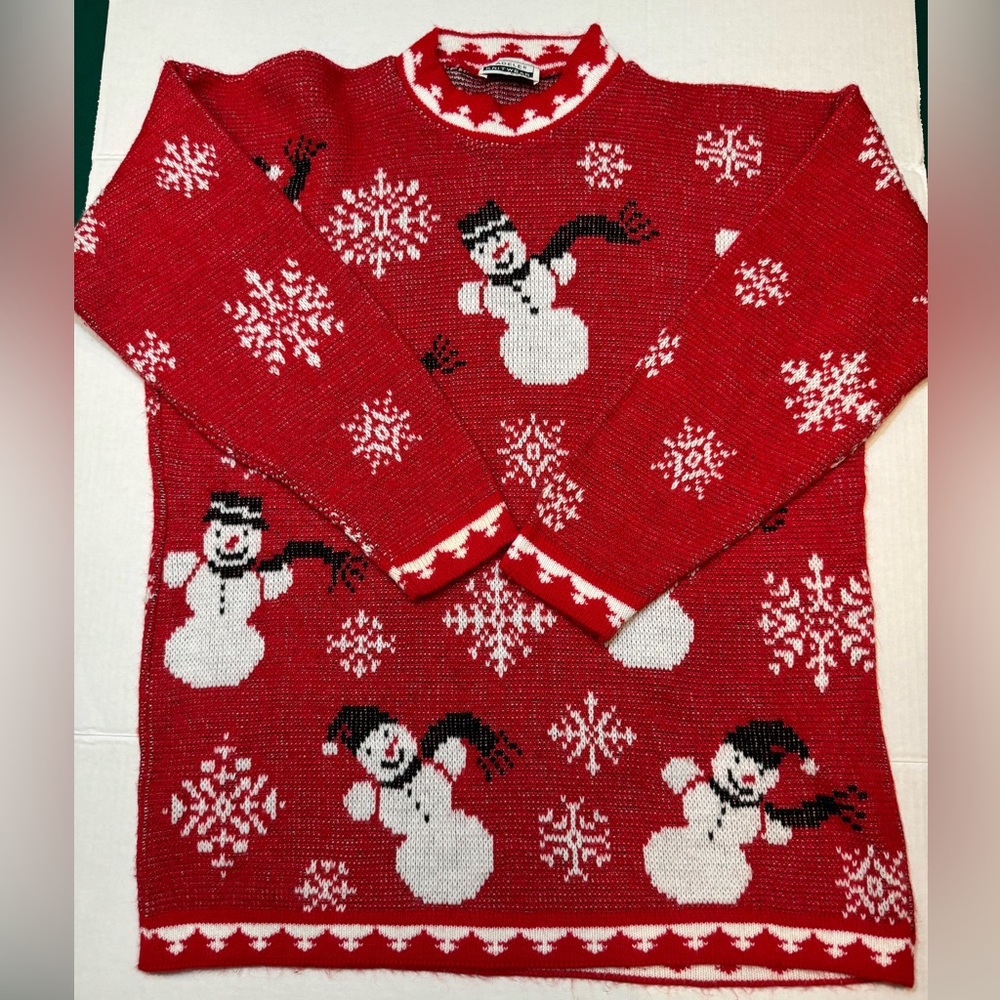 Christmas Sweater Crewneck Snowmen & Snowflake Red Unisex Large EUC